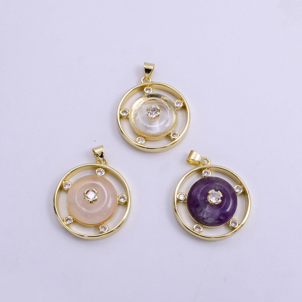 14K Gold Filled 30mm Clear Quartz, Rose Quartz, Amethyst CZ Open Round Pendant | AH055 - AH057