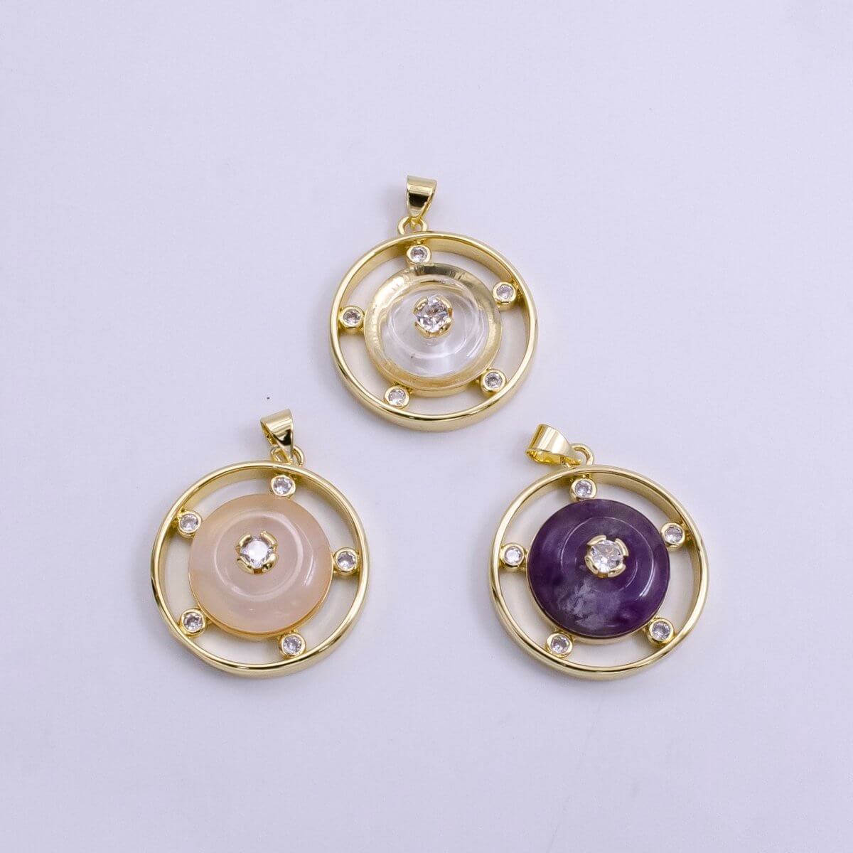 14K Gold Filled 30mm Clear Quartz, Rose Quartz, Amethyst CZ Open Round Pendant | AH055 - AH057