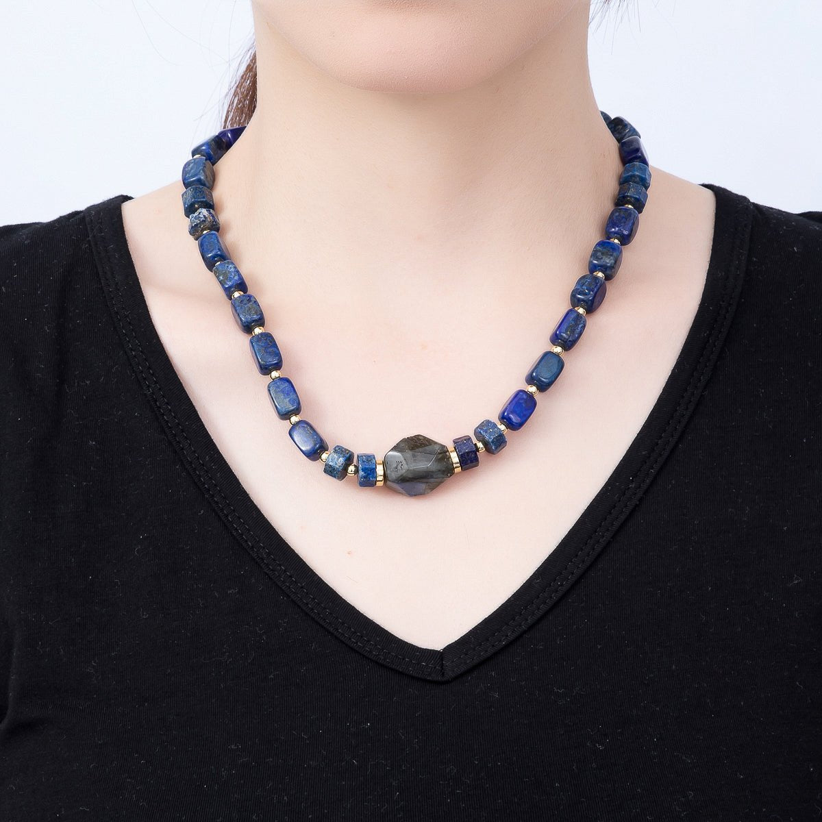 16K Gold Filled 10mm Lapis Lazuli Labradorite Tube Rectangle Gemstone Chain 19 Inch Necklace w. Push Gate Clasps | WA-00428