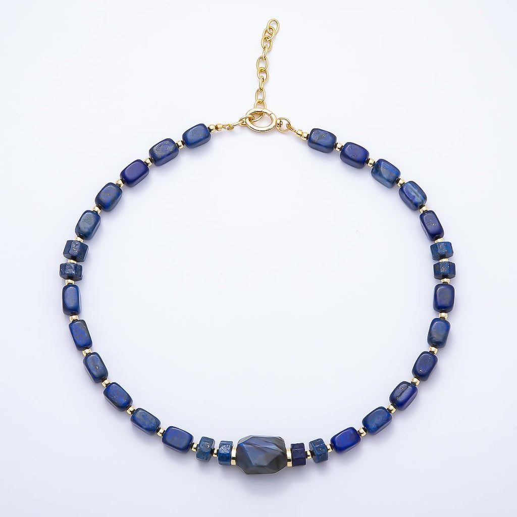 16K Gold Filled 10mm Lapis Lazuli Labradorite Tube Rectangle Gemstone Chain 19 Inch Necklace w. Push Gate Clasps | WA-00428