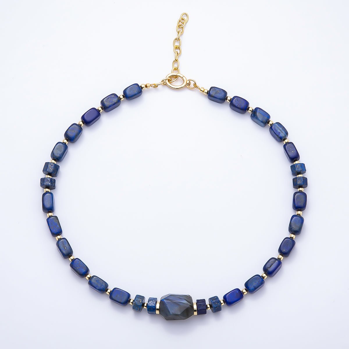 16K Gold Filled 10mm Lapis Lazuli Labradorite Tube Rectangle Gemstone Chain 19 Inch Necklace w. Push Gate Clasps | WA-00428