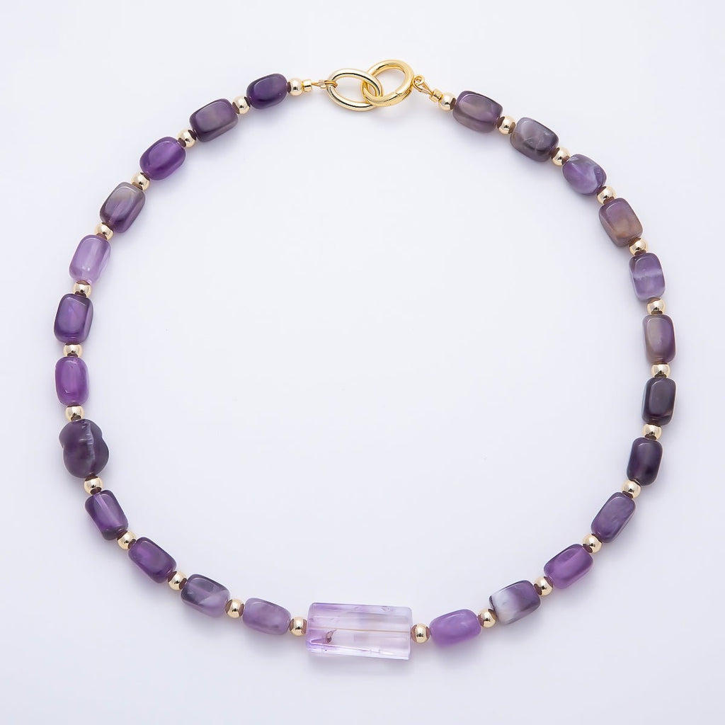 16K Gold Filled 12.5mm Amethyst Rectangle Gemstone Chain 19 Inch Necklace w. Dual Push Gate | WA-00570