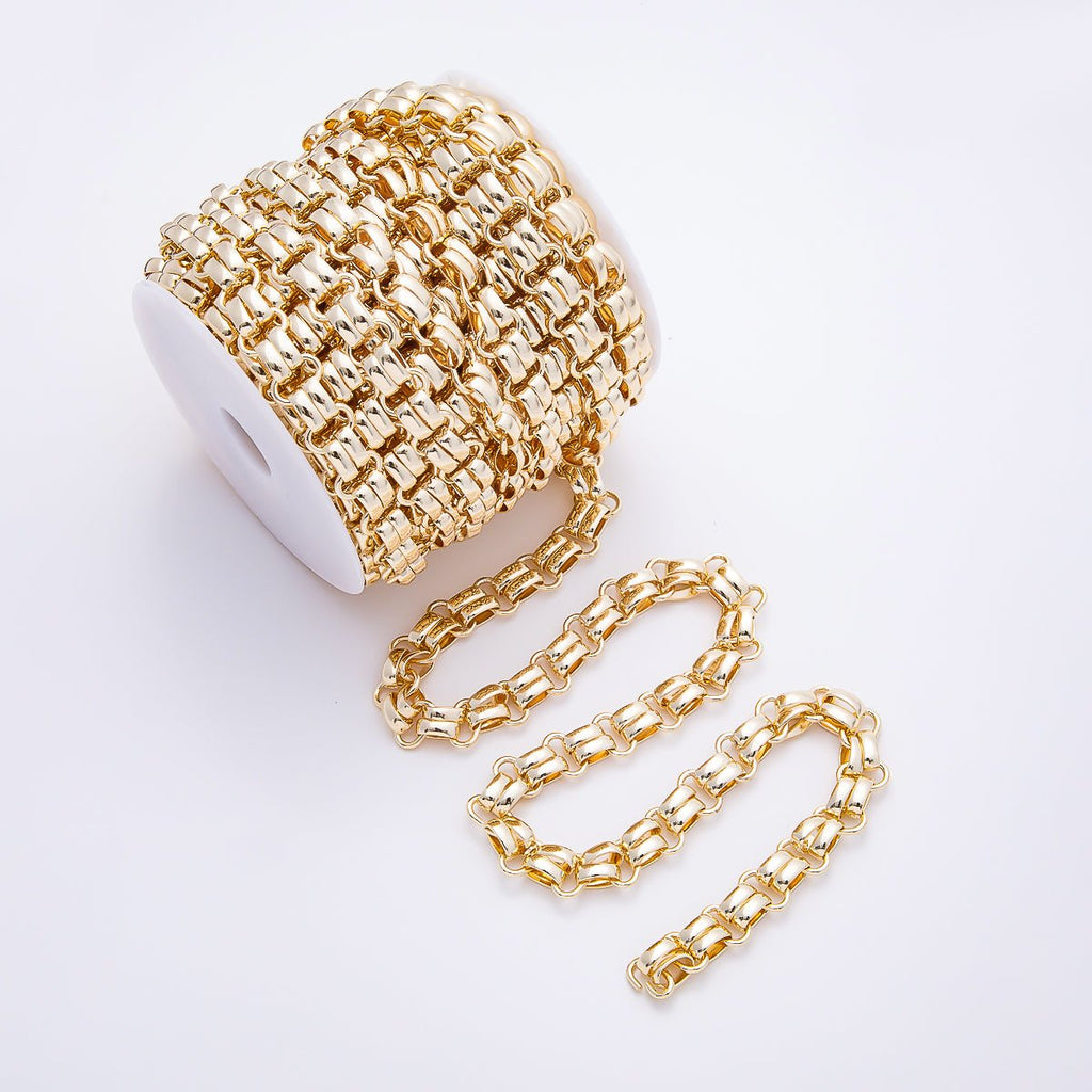 16K Gold Filled 12mm Double Scalloped Link Panther Unfinished Chain by Yard | Roll-01899