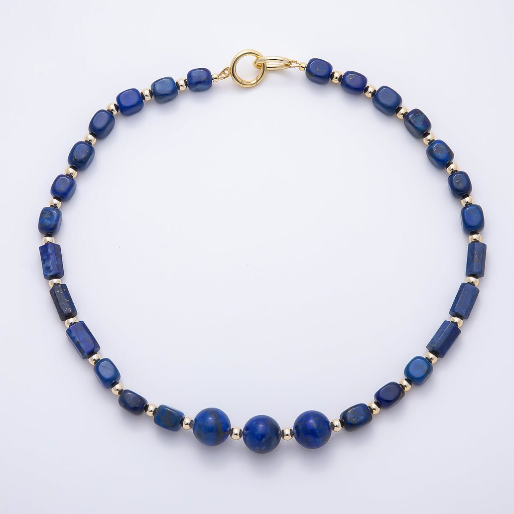 16K Gold Filled 14mm Lapis Lazuli Round Rectangle Gemstone Chain 19.5 Inch Necklace w. Dual Push Gate | WA-00564