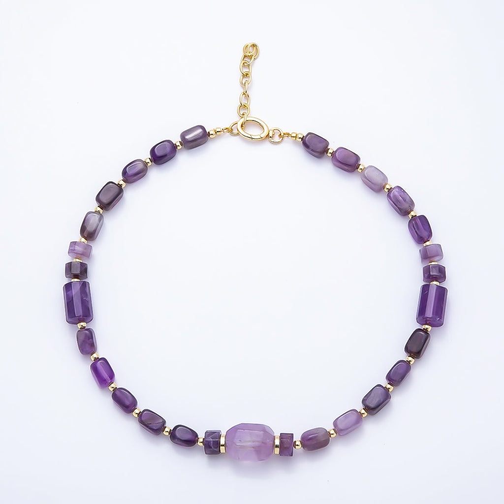 16K Gold Filled 15mm Amethyst Tube Rectangle Gemstone Chain 18.5 Inch Necklace w. Push Gate | WA-00391