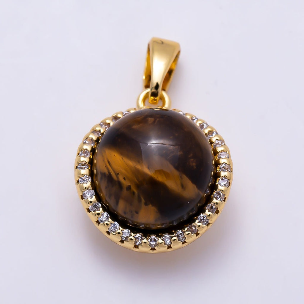 16K Gold Filled 15mm Micro Paved CZ Tiger Eye Cabochon Gemstone Round Pendant | Charms-01558