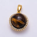 16K Gold Filled 15mm Micro Paved CZ Tiger Eye Cabochon Gemstone Round Pendant | Charms-01558