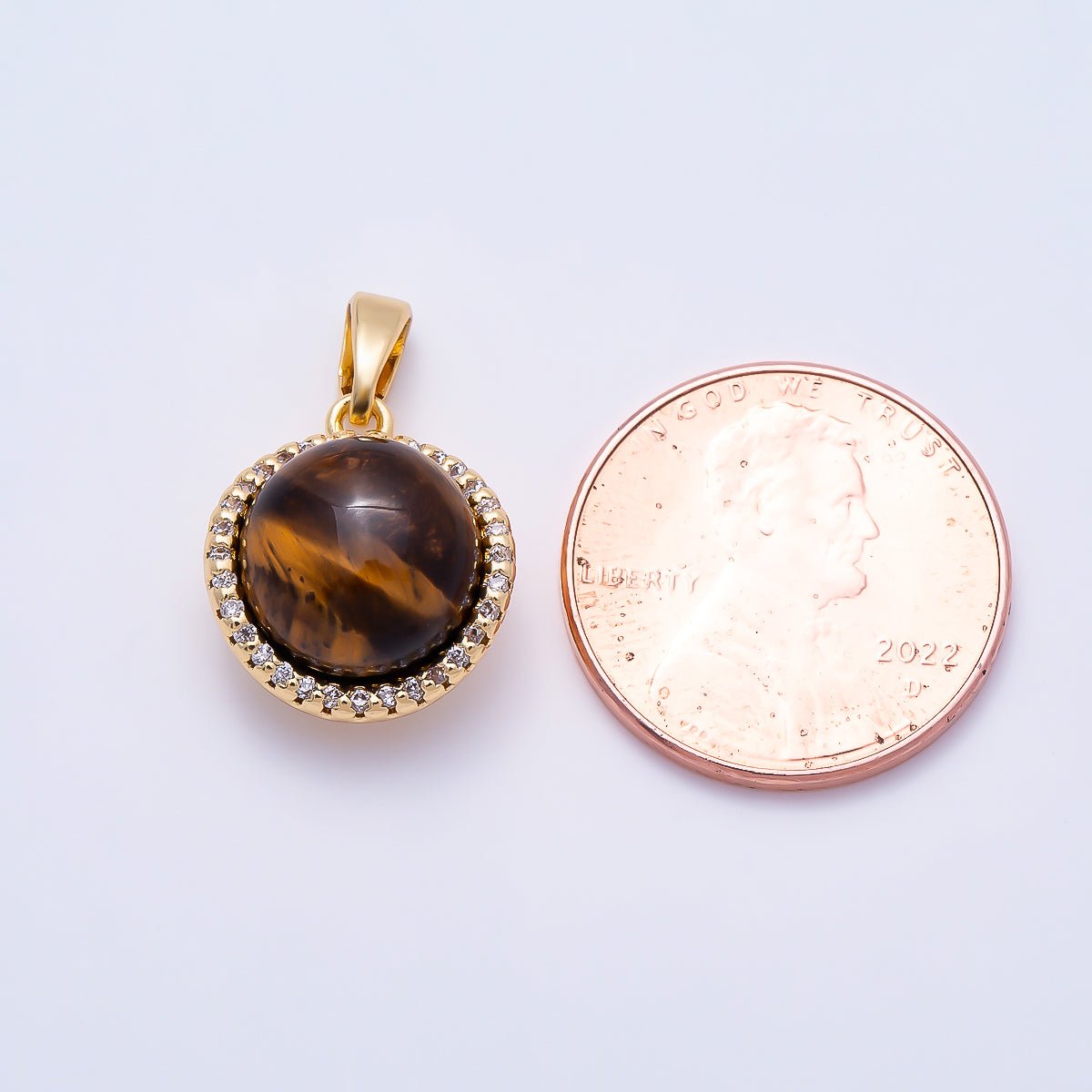 16K Gold Filled 15mm Micro Paved CZ Tiger Eye Cabochon Gemstone Round Pendant | Charms-01558