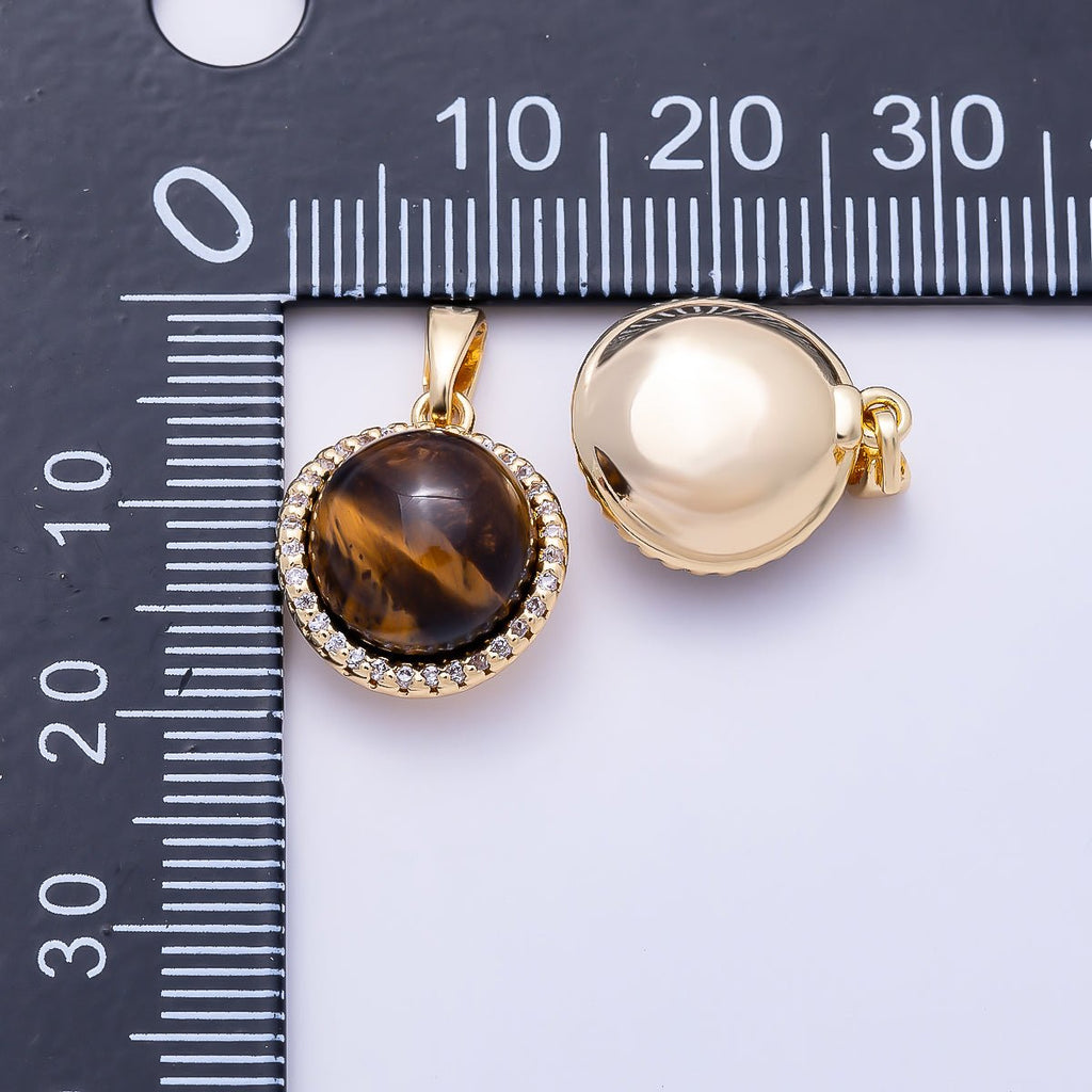 16K Gold Filled 15mm Micro Paved CZ Tiger Eye Cabochon Gemstone Round Pendant | Charms-01558
