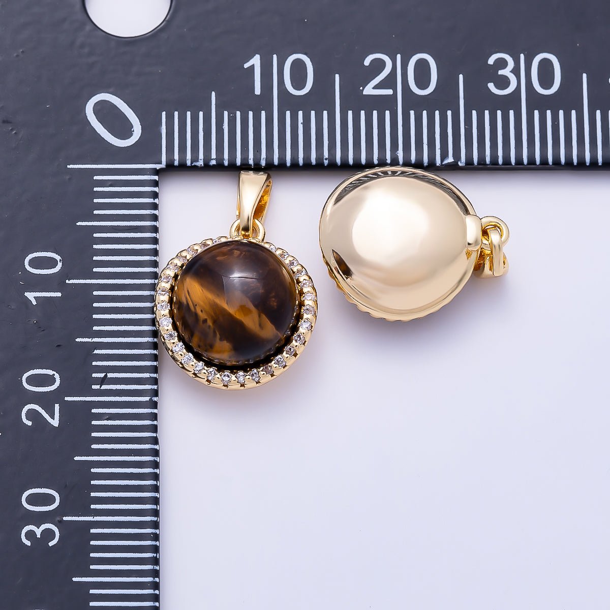 16K Gold Filled 15mm Micro Paved CZ Tiger Eye Cabochon Gemstone Round Pendant | Charms-01558