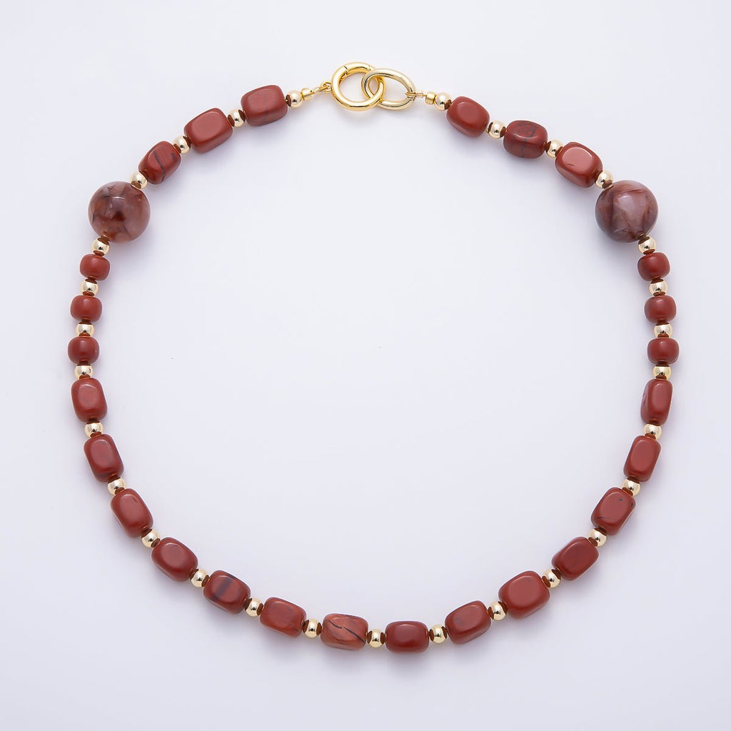 16K Gold Filled 16.5mm Carnelian Round Rectangle Gemstone Chain 19 Inch Necklace w. Dual Push Gate | WA-00537