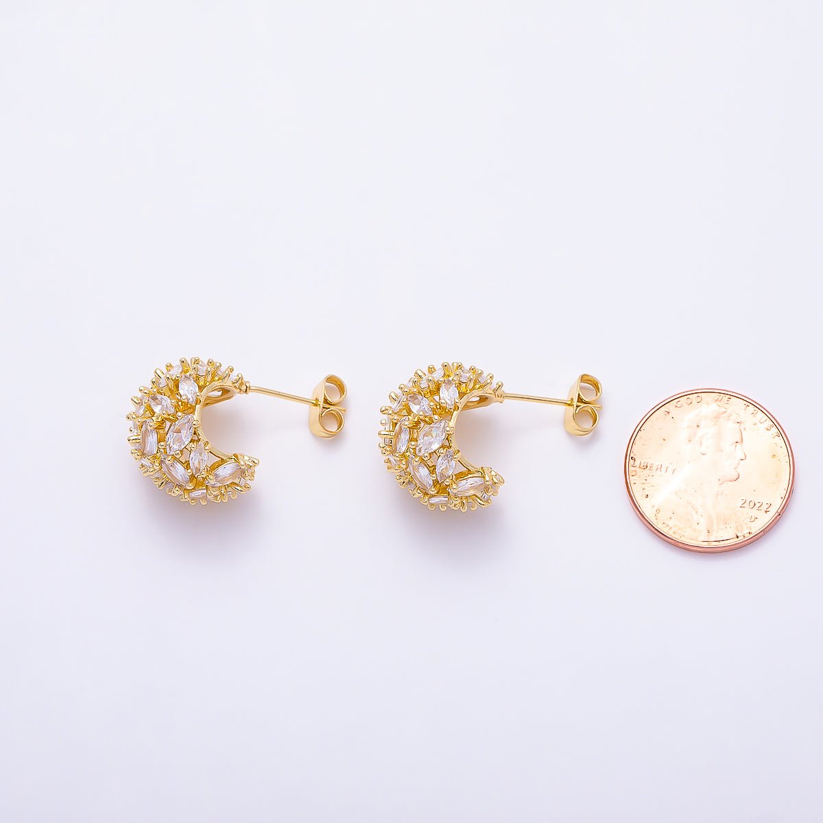 16K Gold Filled 16mm Clear CZ Marquise Cluster C-Shaped Dome Hoop | Earrings-00723