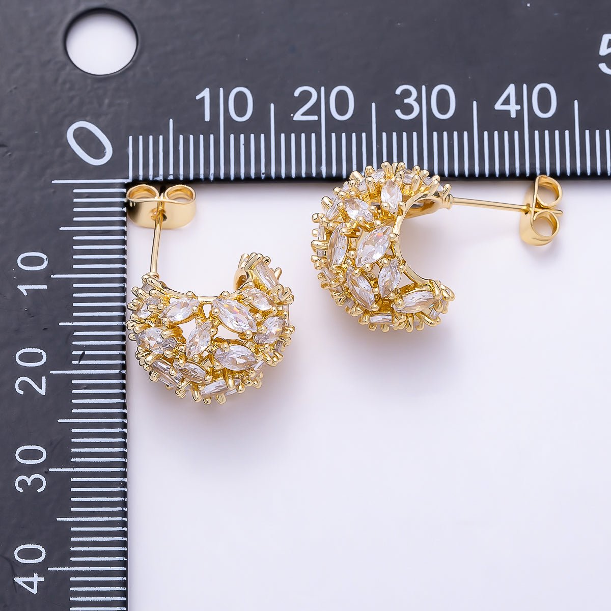 16K Gold Filled 16mm Clear CZ Marquise Cluster C-Shaped Dome Hoop | Earrings-00723