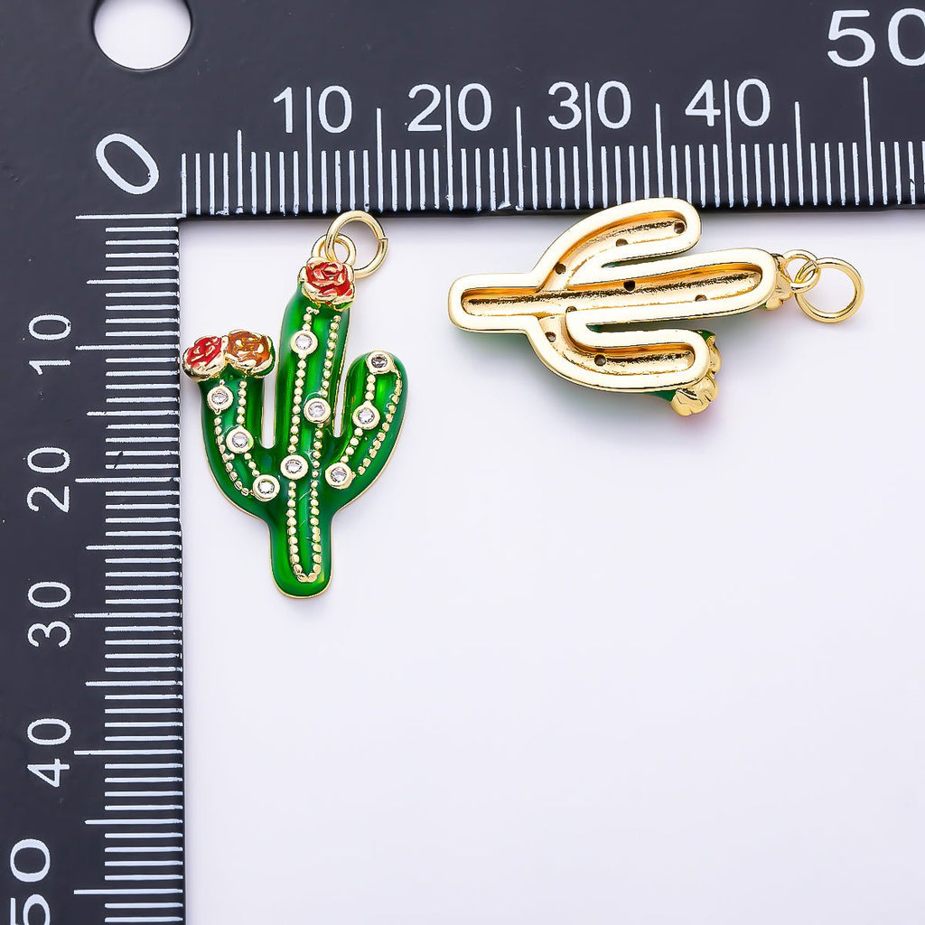 16K Gold Filled 27mm Clear CZ Plant Cactus Enamel Charm | Charms-01510