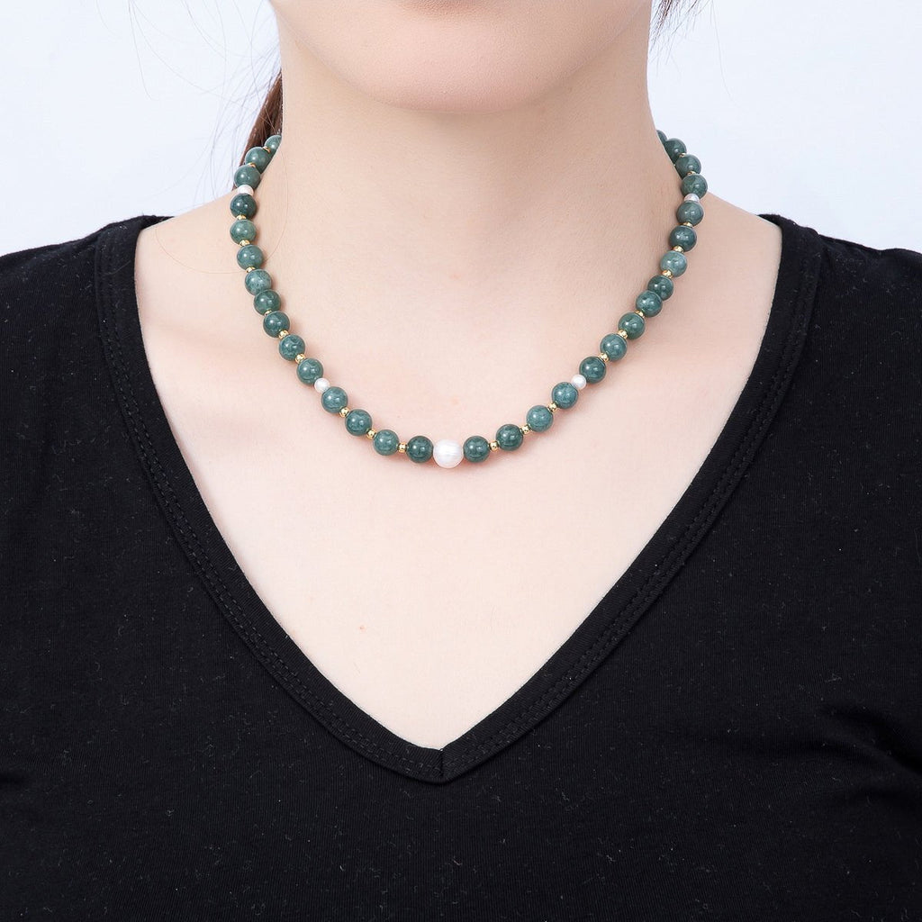 16K Gold Filled 4mm Shell Pearl Green Aventurine Bead Round Gemstone Chain 16.5 Inch Necklace | WA-00128