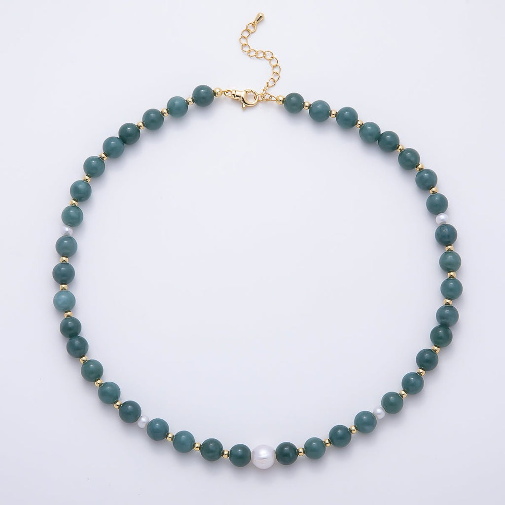 16K Gold Filled 4mm Shell Pearl Green Aventurine Bead Round Gemstone Chain 16.5 Inch Necklace | WA-00128