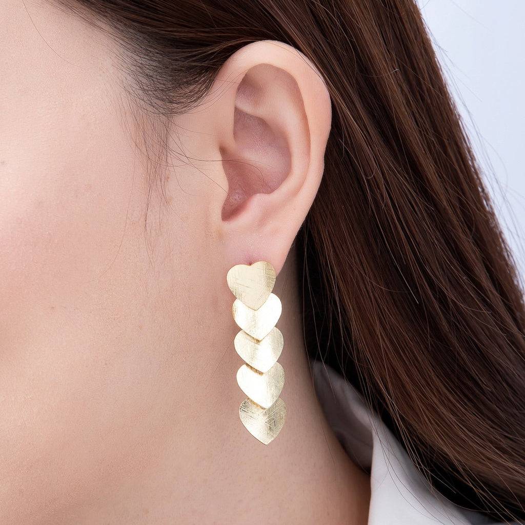 16K Gold Filled 50mm Multiple Line-Textured Heart Drop Stud Earrings | Earrings-00725