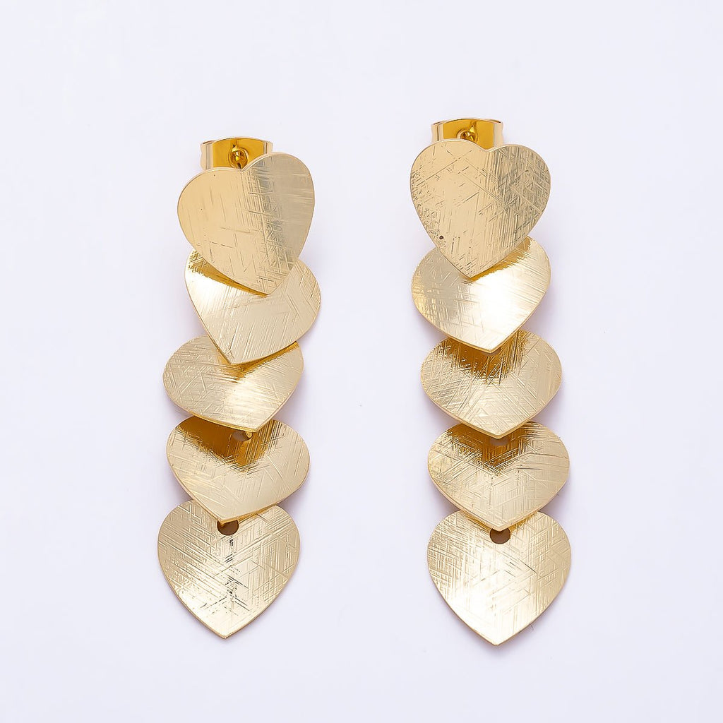 16K Gold Filled 50mm Multiple Line-Textured Heart Drop Stud Earrings | Earrings-00725