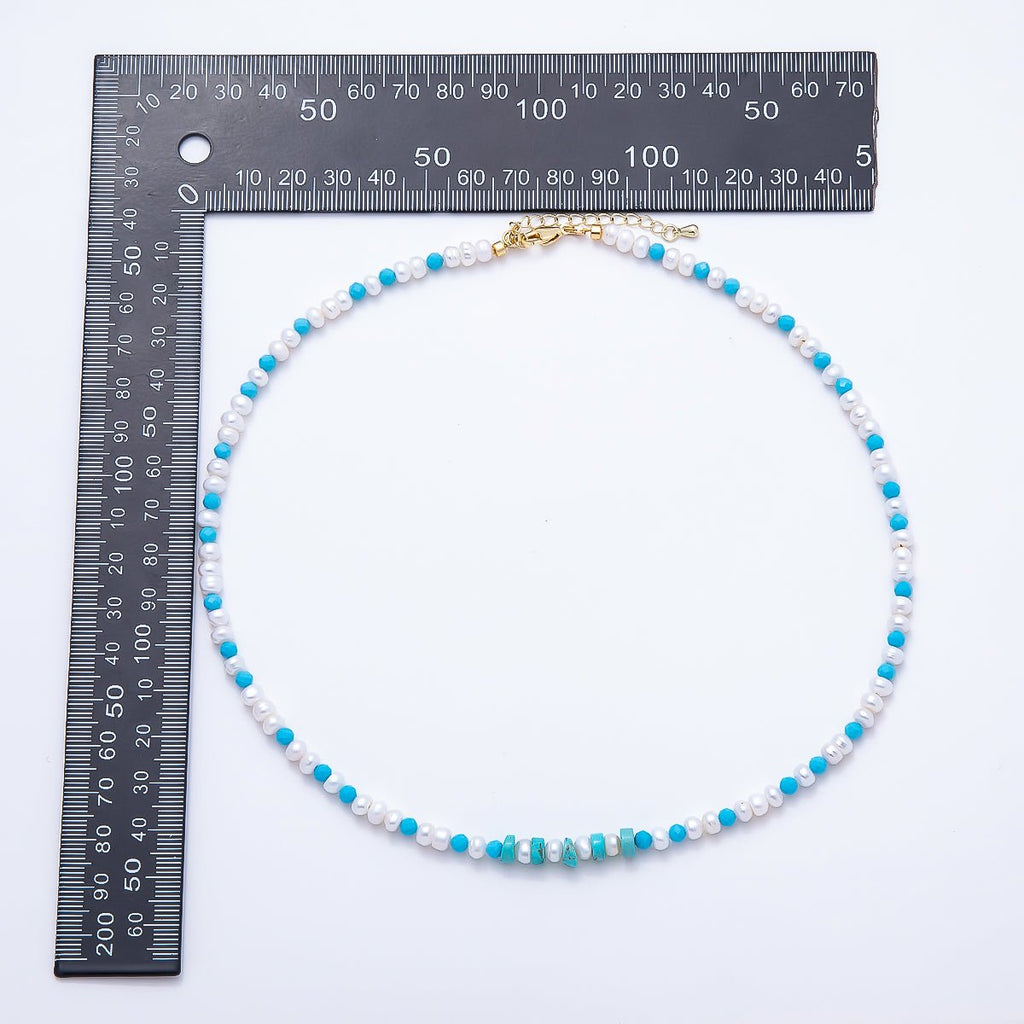 16K Gold Filled 5.5mm Blue Turquoise Shell Pearl Button Gemstone Chain 18 Inch Necklace | WA-00325