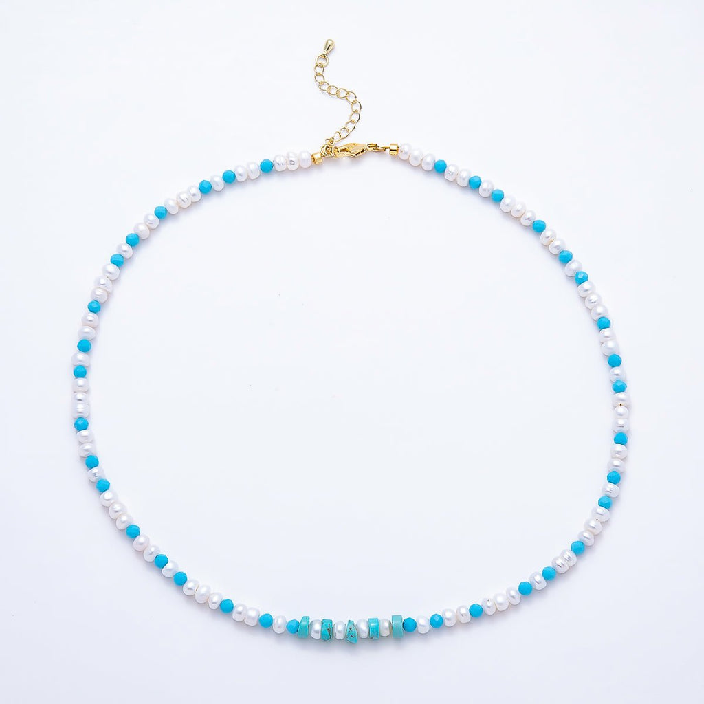 16K Gold Filled 5.5mm Blue Turquoise Shell Pearl Button Gemstone Chain 18 Inch Necklace | WA-00325