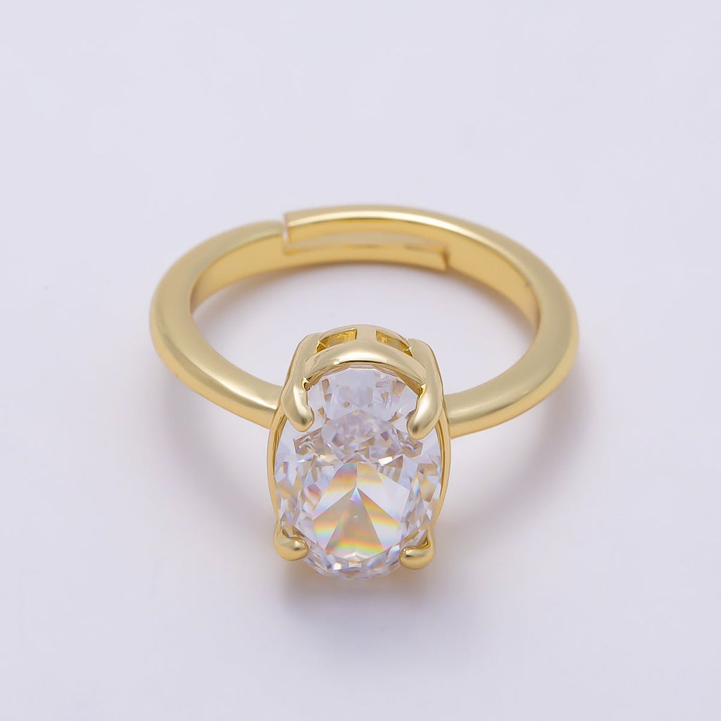 16K Gold Filled Clear CZ Oval Prong Solitaire Ring | Rings-00303