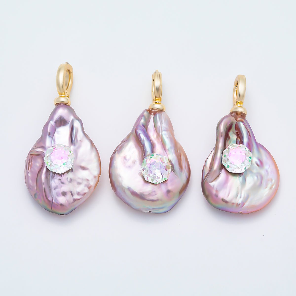 18K Gold Filled 30mm Iridescent CZ Purple Baroque Freshwater Pearl Pendant | Charms-01570