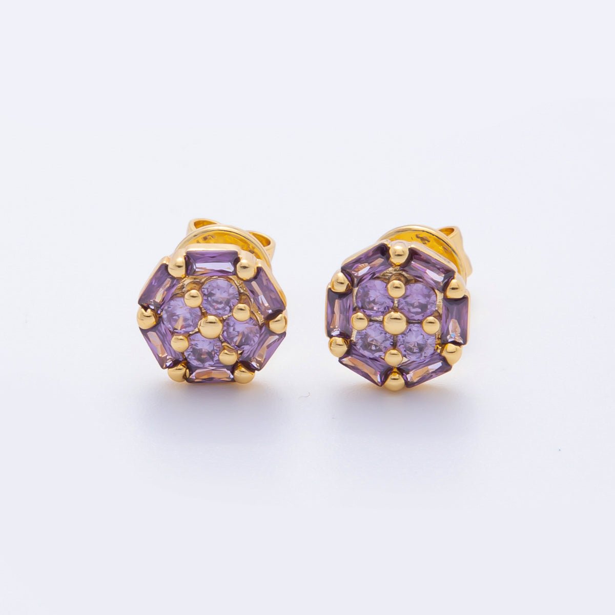 18K Gold Filled 8.8mm Clear, Purple, Pink Micro Paved CZ Baguette Round Stud Earrings | AJ274 AJ204 AJ206