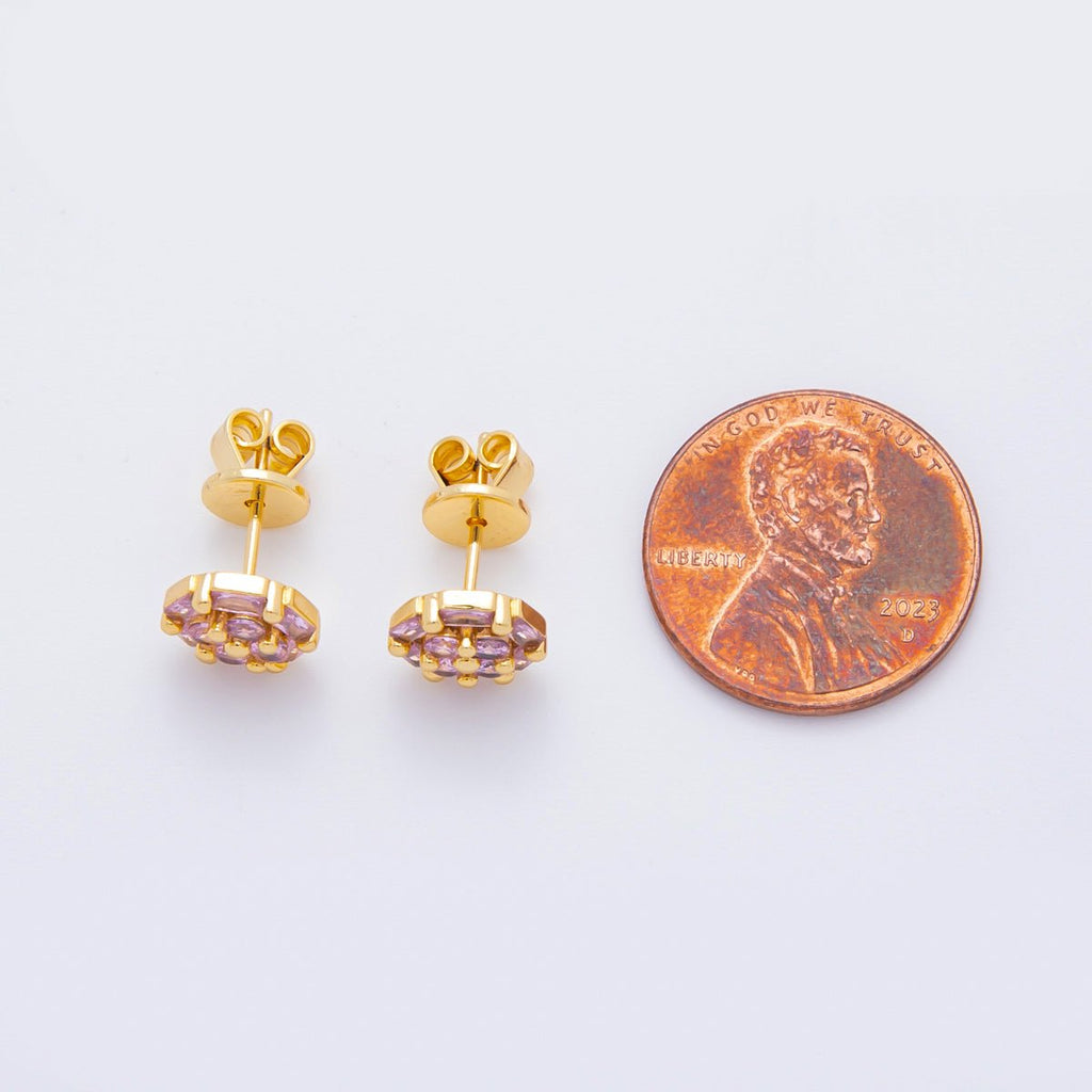 18K Gold Filled 8.8mm Clear, Purple, Pink Micro Paved CZ Baguette Round Stud Earrings | AJ274 AJ204 AJ206