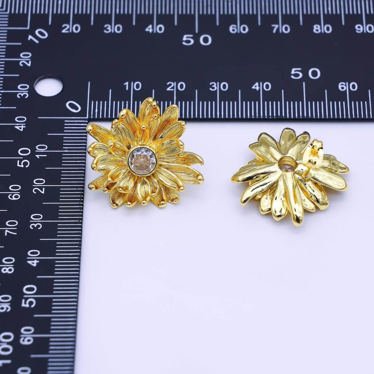 24K Gold Filled 27mm Clear Round CZ Flower Textured Stud Earrings | AI498