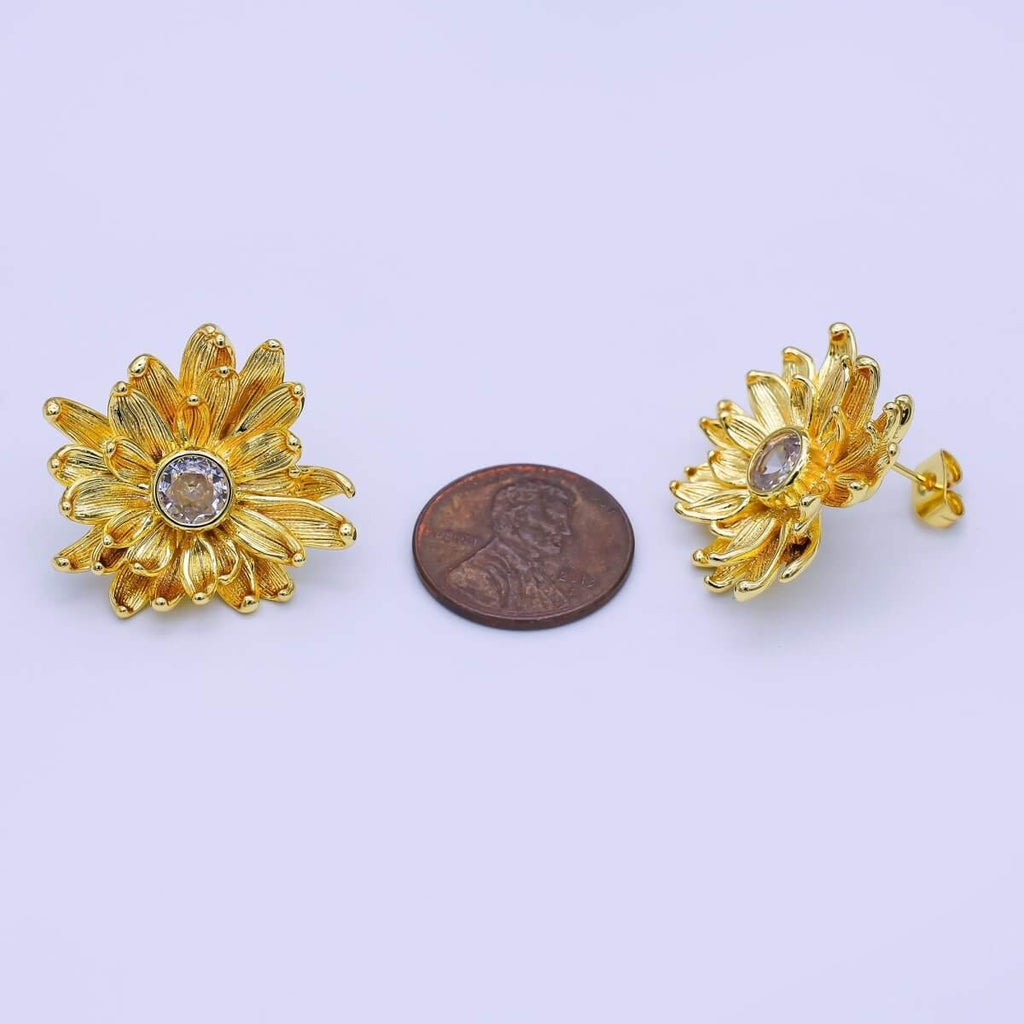 24K Gold Filled 27mm Clear Round CZ Flower Textured Stud Earrings | AI498