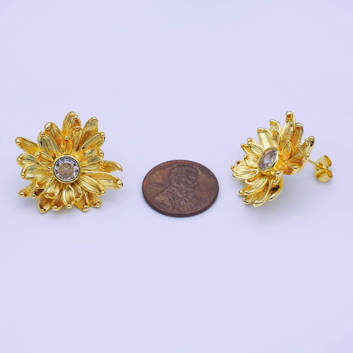 24K Gold Filled 27mm Clear Round CZ Flower Textured Stud Earrings | AI498