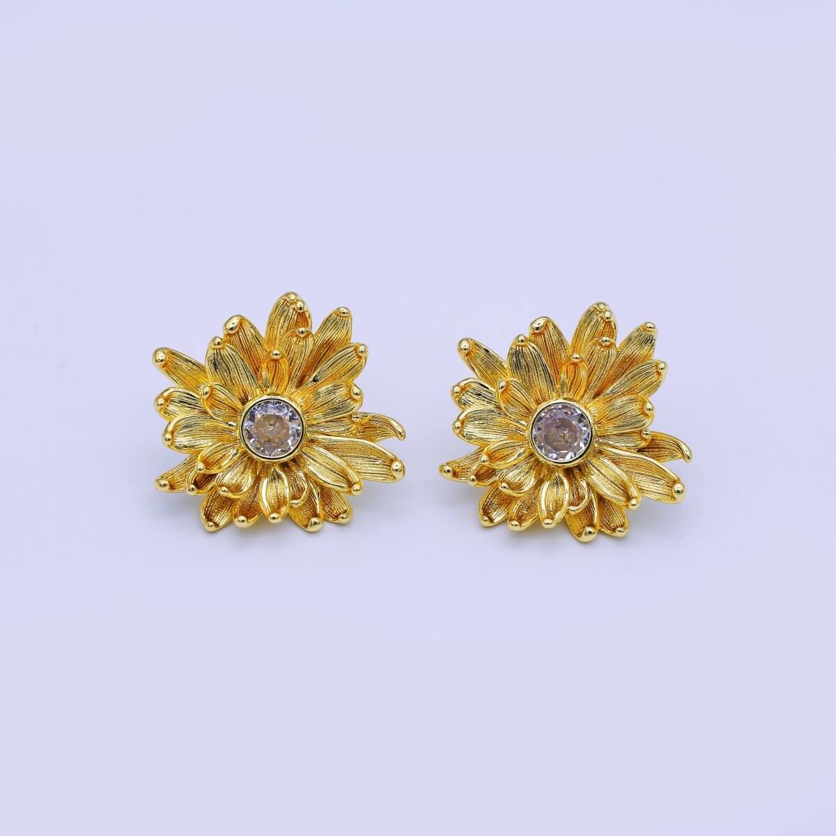 24K Gold Filled 27mm Clear Round CZ Flower Textured Stud Earrings | AI498