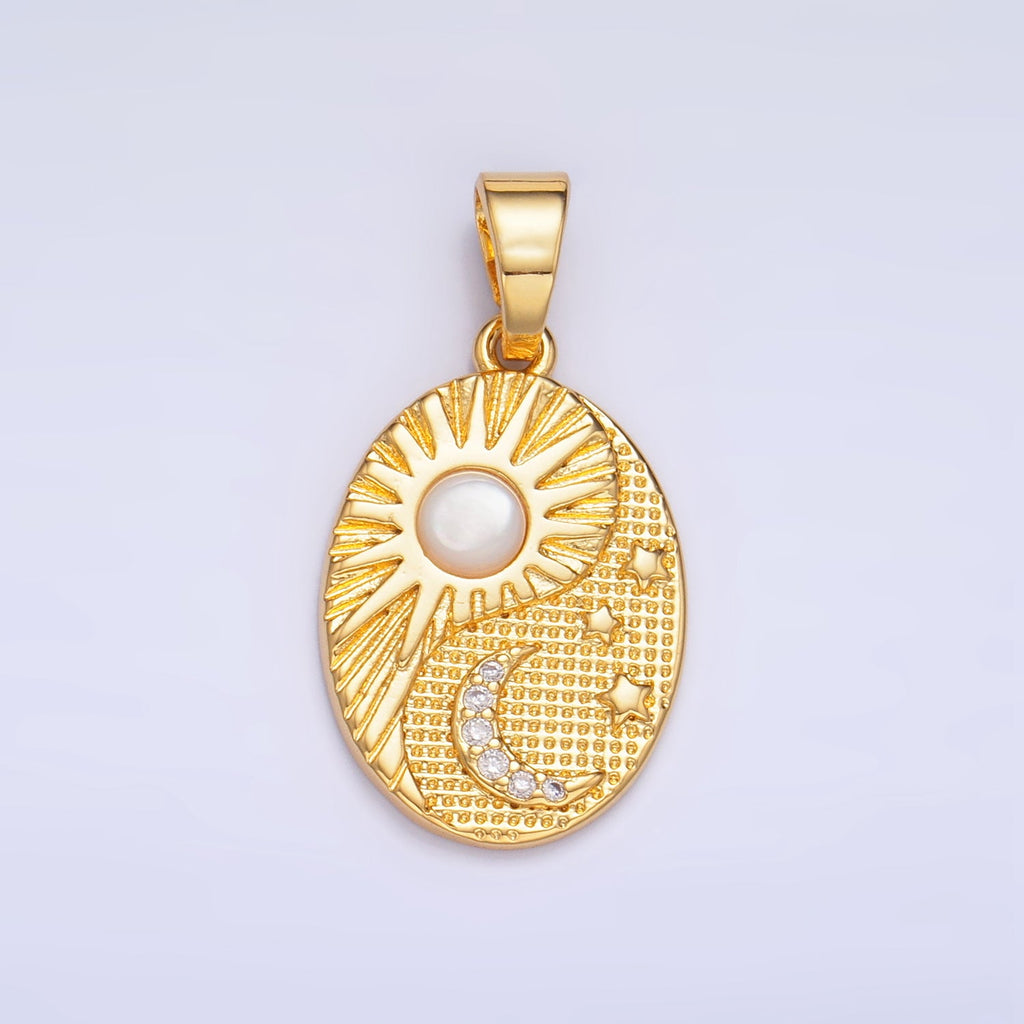 24K Gold Filled Shell Pearl Micro Paved Celestial Sun Moon Oval Pendant in Gold & Silver | AA1021