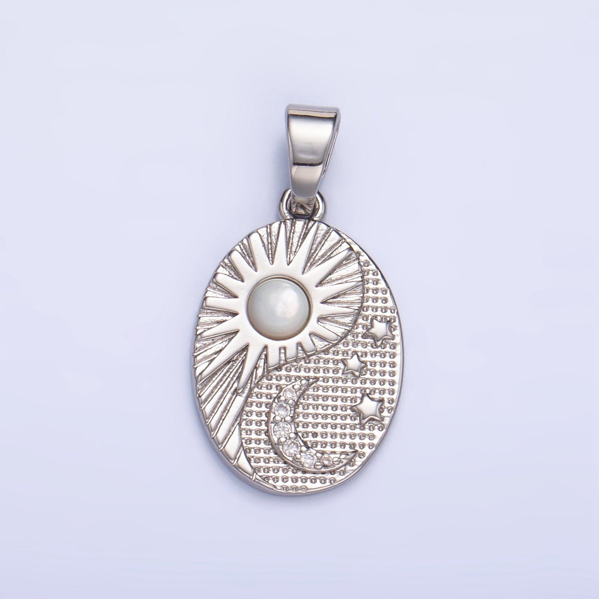24K Gold Filled Shell Pearl Micro Paved Celestial Sun Moon Oval Pendant in Gold & Silver | AA1021