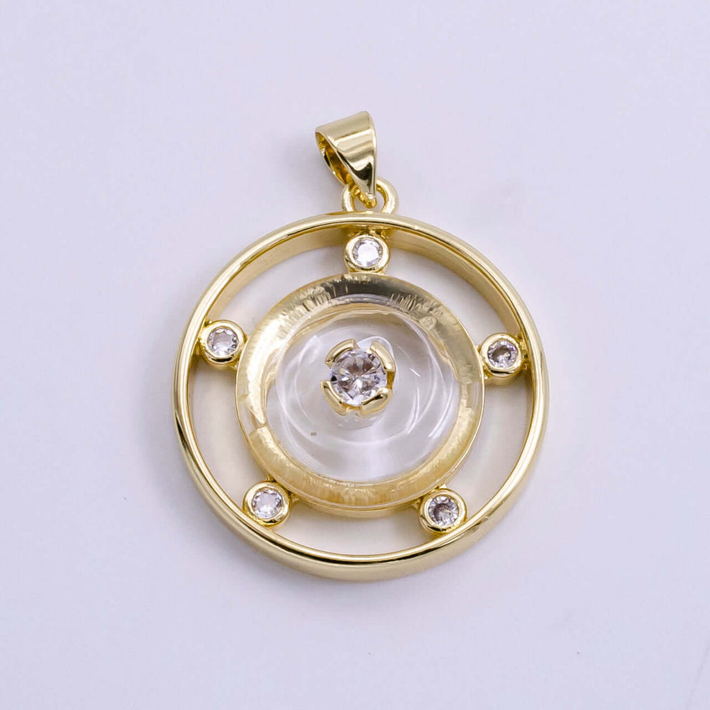 14K Gold Filled 30mm Clear Quartz, Rose Quartz, Amethyst CZ Open Round Pendant | AH055 - AH057