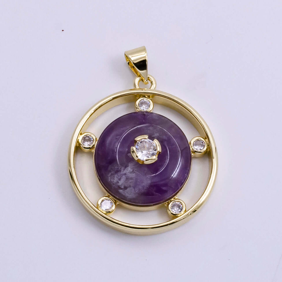 14K Gold Filled 30mm Clear Quartz, Rose Quartz, Amethyst CZ Open Round Pendant | AH055 - AH057