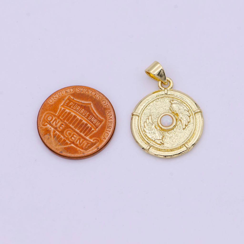 14K Gold Filled White, Blue Opal Angel Wing Round Pendant | H557 H560