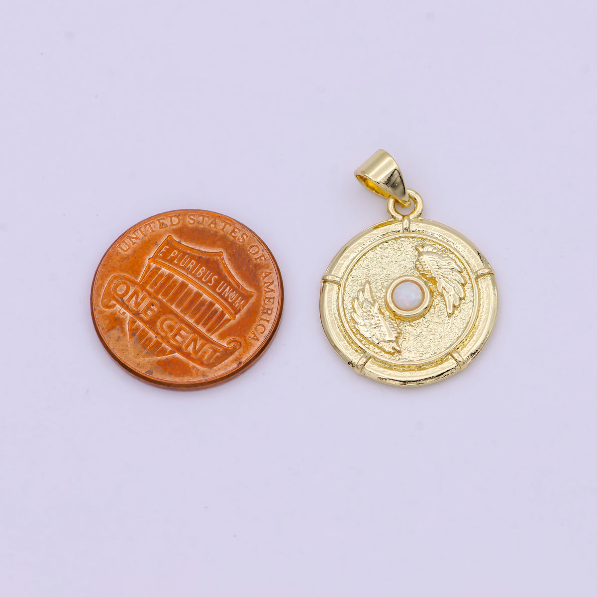 14K Gold Filled White, Blue Opal Angel Wing Round Pendant | H557 H560