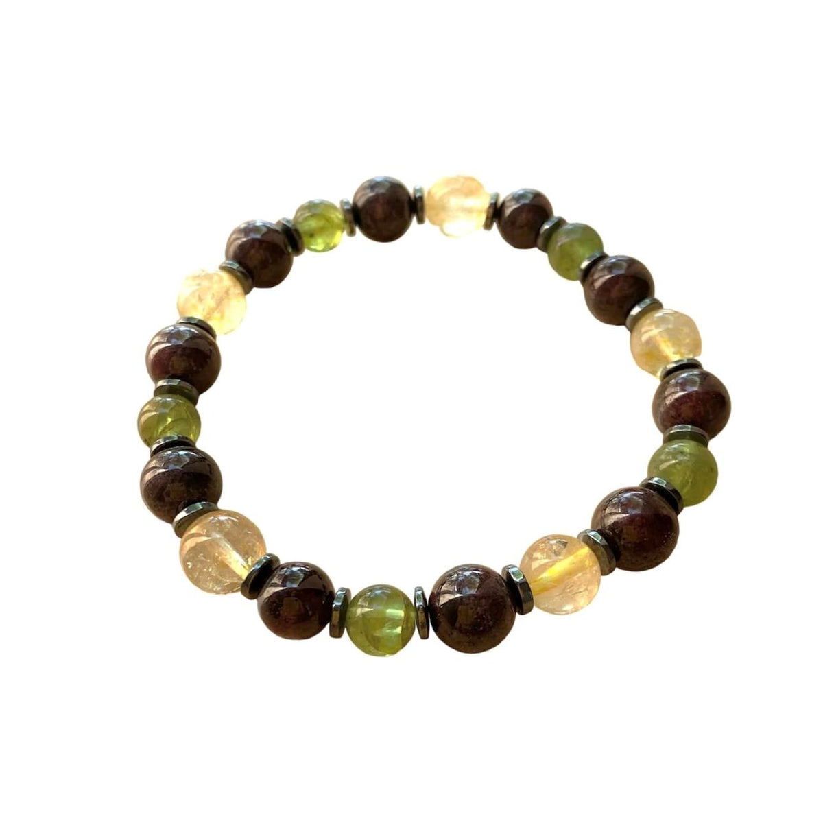 Success Manifestation Bracelet 8 mm Round Garnet and Citrine, 7 mm Peridot Beads