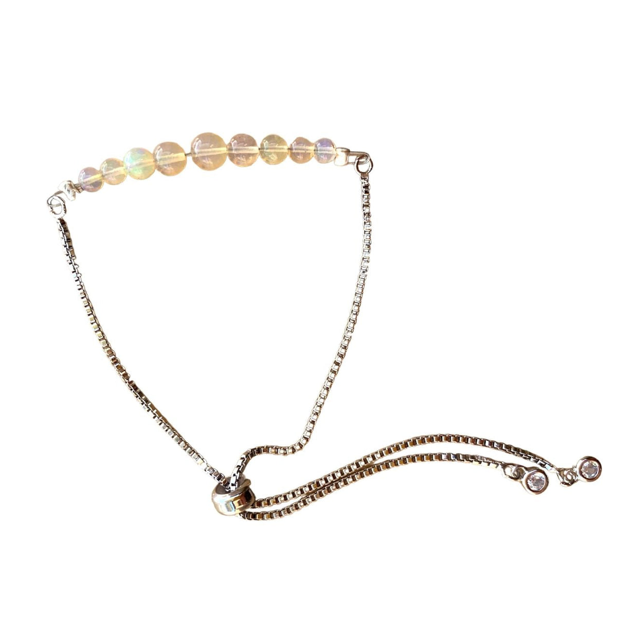 White Opal Round Graduated Bar Bracelet with Adjustable Chain (October)