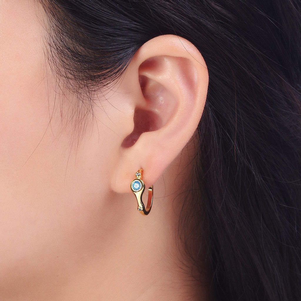 Gold Blue CZ Round Geometric 20mm C-Shaped Hoops Earrings | AD199