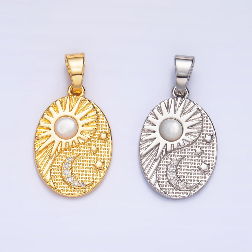 24K Gold Filled Shell Pearl Micro Paved Celestial Sun Moon Oval Pendant in Gold & Silver | AA1021