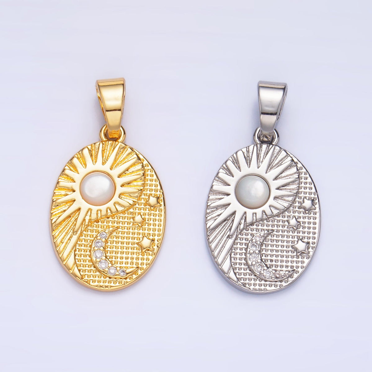 24K Gold Filled Shell Pearl Micro Paved Celestial Sun Moon Oval Pendant in Gold & Silver | AA1021