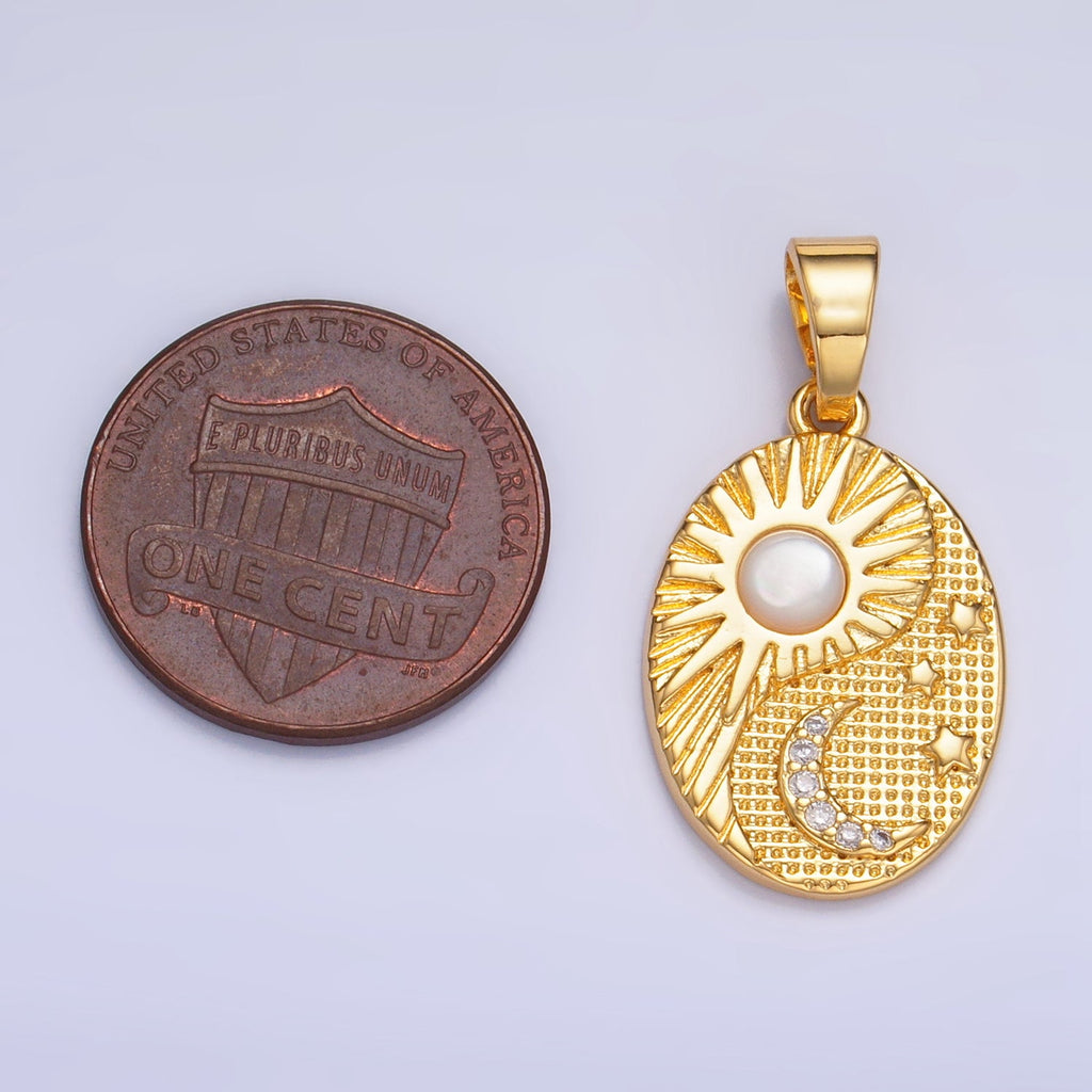 24K Gold Filled Shell Pearl Micro Paved Celestial Sun Moon Oval Pendant in Gold & Silver | AA1021