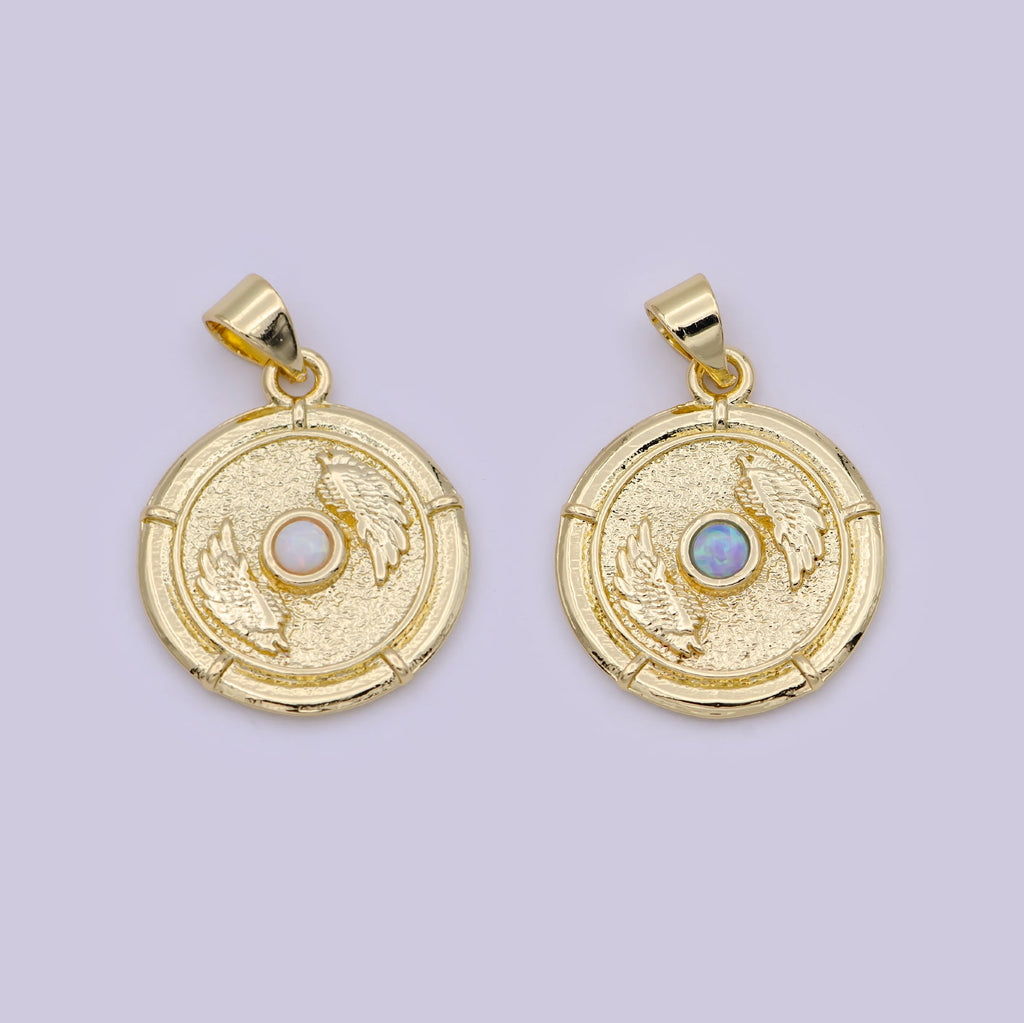 14K Gold Filled White, Blue Opal Angel Wing Round Pendant | H557 H560