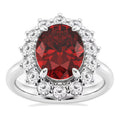 AGI Certified 3CTW Oval Lab Ruby Princess Diana Engagement Ring With Lab Diamond Halo in Choice of 14K White or Yellow Gold – 9x7mm