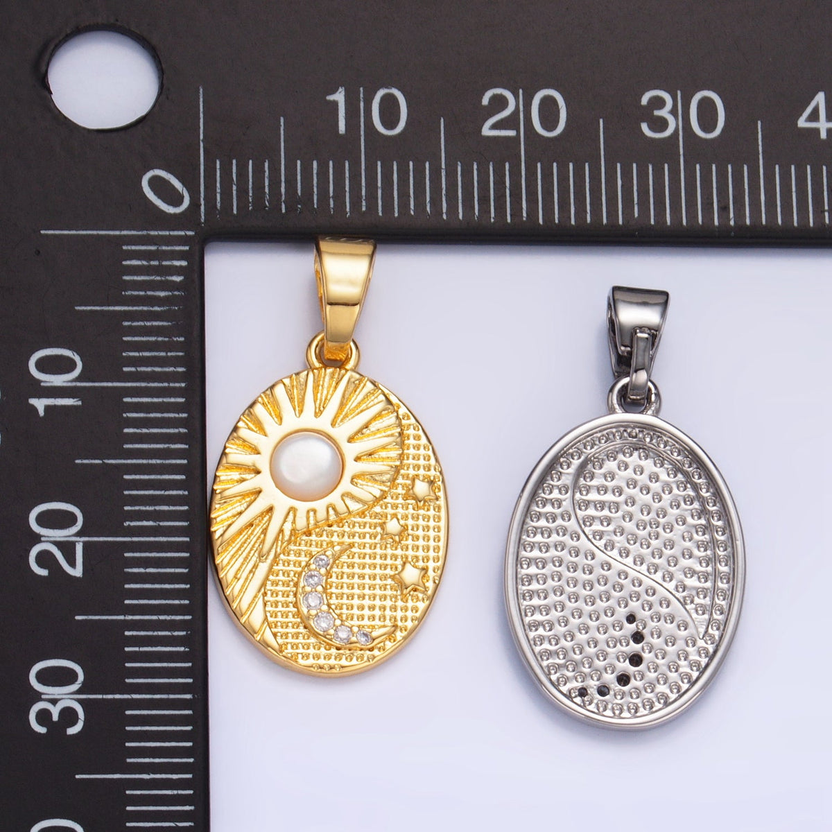24K Gold Filled Shell Pearl Micro Paved Celestial Sun Moon Oval Pendant in Gold & Silver | AA1021