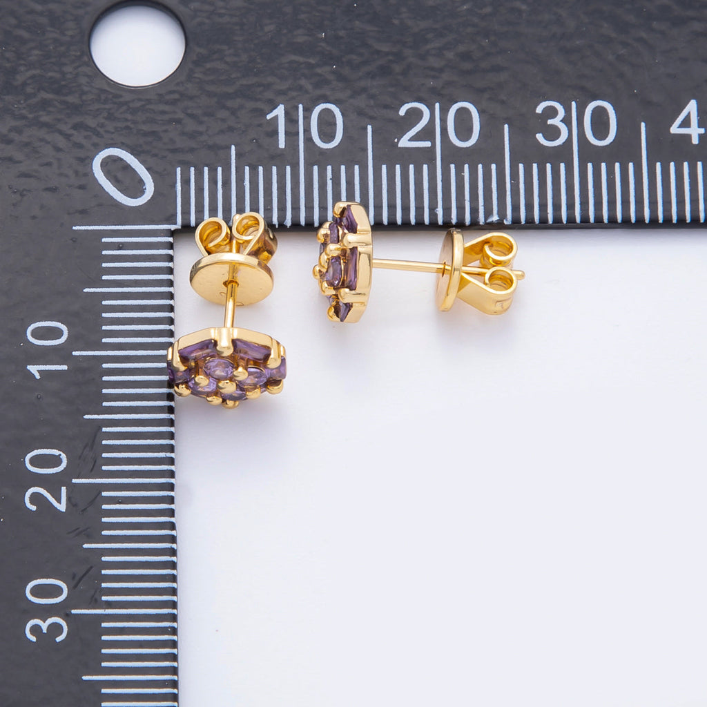 18K Gold Filled 8.8mm Clear, Purple, Pink Micro Paved CZ Baguette Round Stud Earrings | AJ274 AJ204 AJ206
