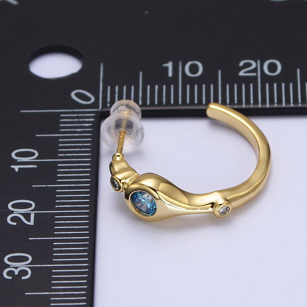 Gold Blue CZ Round Geometric 20mm C-Shaped Hoops Earrings | AD199