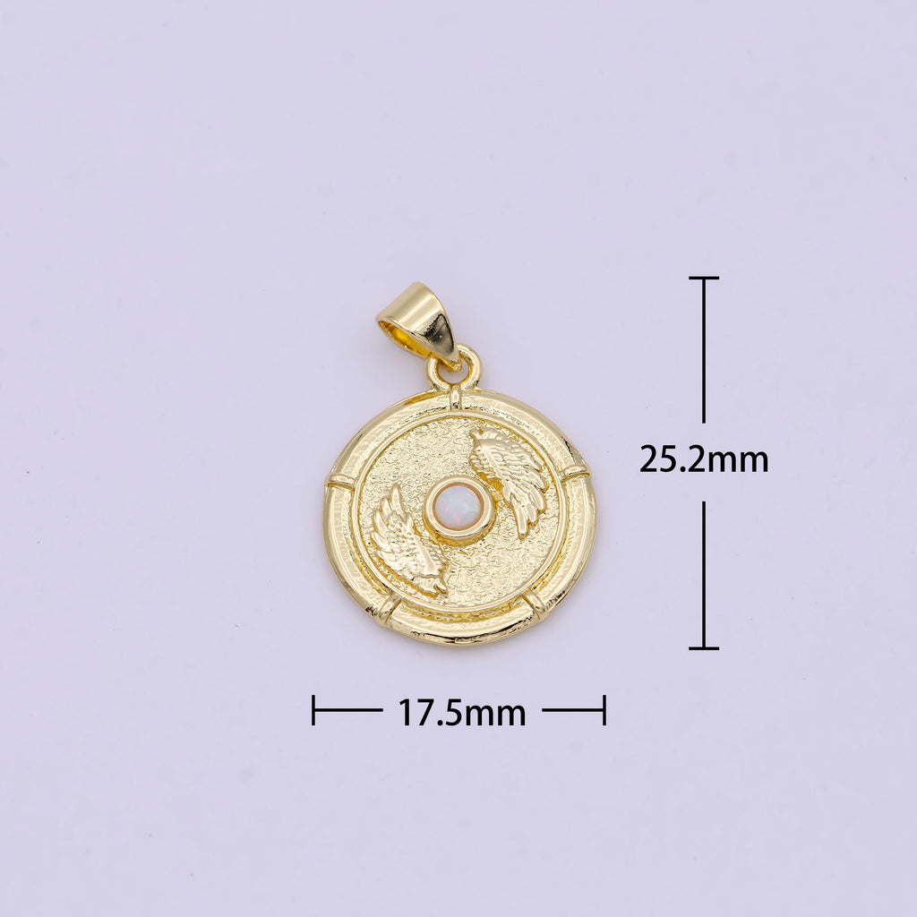 14K Gold Filled White, Blue Opal Angel Wing Round Pendant | H557 H560